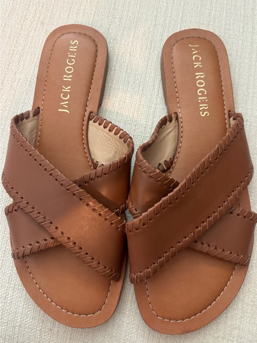 Jack Rogers Tan Leather Cross-Strap Slide Sandals